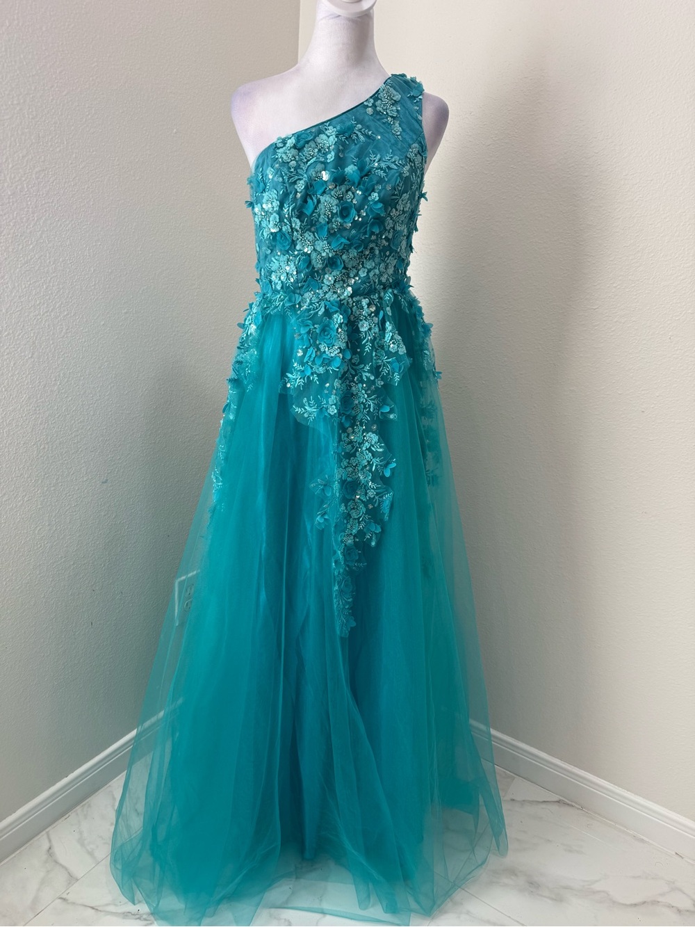 Faeriesty One-Shoulder Teal Floral Appliqué Tulle Dress , size S. , NWOT,